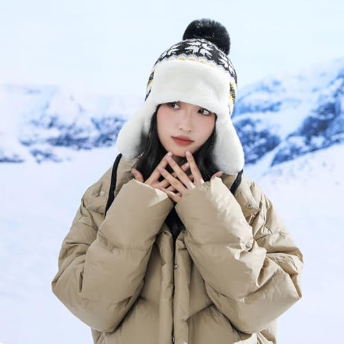 Women Winter Beanie Hat Thick Fleece Lined Warm Earflap Trapper Hat Pom Pom Jacquard Knited Outdoor Ski Snow Cap - color: Style 2-black