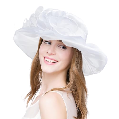 2026 Kentucky Derby Hat for Women Ladies, Organza Veil Feather Fascinator for Tea Party Church UV Protection Sun Hat - color: 4541-white