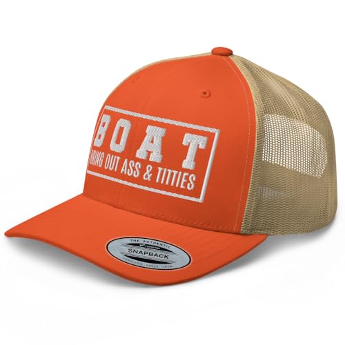 NG Boat Bring Out Ass and Titties Curved Bill Trucker Hat Mid Crown Adjustable Funny Adult Humor Cap - color: Rustic Orange/ Khaki