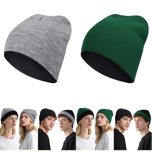 ZOORON Reversible Skull Caps for Men Women Reversible Beanie with -Double Side Warm Winter Fisherman Beanie - color: A-2pack-black/Lightgrey+black/Darkgreen
