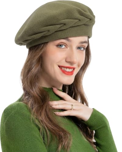 ZLYC Women French Beret Hat Reversible Solid Color Knit Warm Artist Cap - color: Solid Color Middle Green Yellow