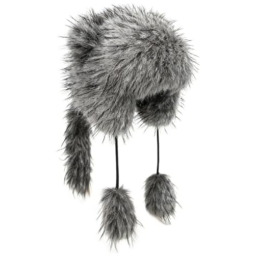 Raccoon Tail Parent-Child Plush Hat Warm Faux Fur Animal Hat with Tail - color: Adult Style-grey