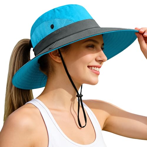 Rosoz Ponytail Sun Bucket Hats for Women UV Protection Foldable Wide Brim - color: 1-blue
