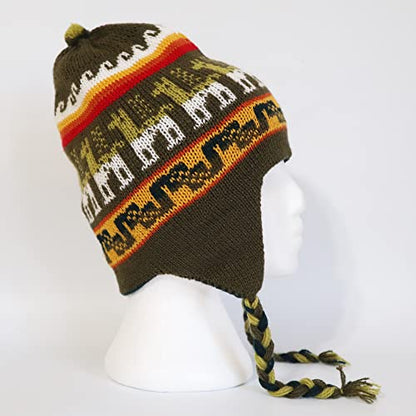 Alpaca Wool Blend Winter Hat Chullo Inca Peruvian Design Reversible with Earflaps. Beanie Medium Size. Unisex - color: Green Uniform/Green Pine