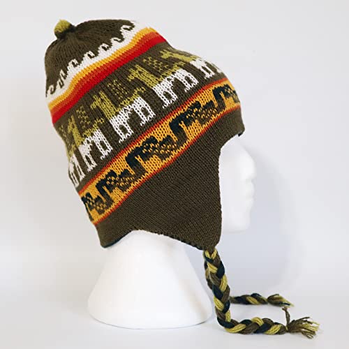 Alpaca Wool Blend Winter Hat Chullo Inca Peruvian Design Reversible with Earflaps. Beanie Medium Size. Unisex - color: Green Uniform/Green Pine