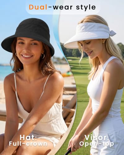 CHUNG 2 Pack Women Sun Visor Hat Wide Brim Summer UV Protection Zip-Off - color: White/Black