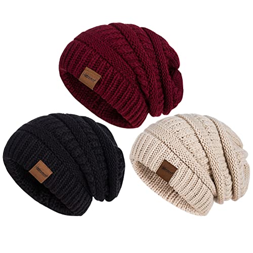 Slouchy Women's Winter 3 Pieces Beanie Hat Women Men Oversized Warm Knitted Women's Hat Winter Thick for Cold Weather - color: Black+oatmeal+burgundy
