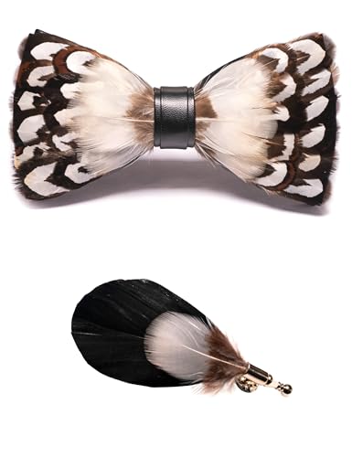 RBOCOTT Handmade Feather Pre-tied Bow tie and Brooch Sets for Men - color: White/Brown/Black