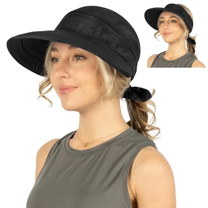SUN CUBE Womens Sun Hat UV Protection Wide Brim Zip-Off Golf Visor - color: Black