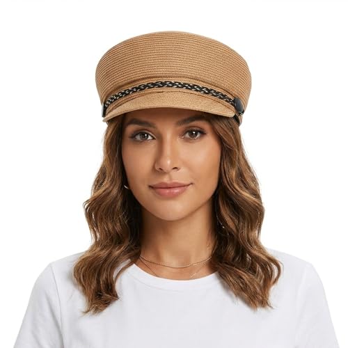 Women's Polyester Straw Newsboy Cap, Gatsby Ivy Style Visor Beach Hat, Adjustable - color: Khaki