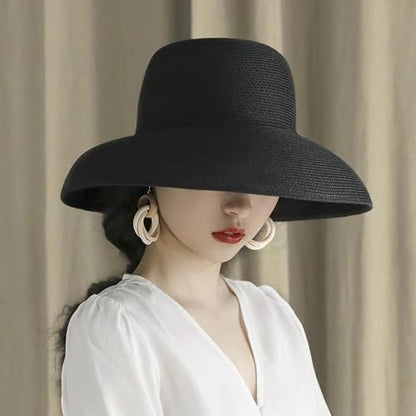 Women's Floppy Wide Brim Summer Beach Straw Hat UPF 50+ Sun Hat - color: Black
