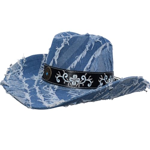 Western Cowboy Hat for Man Women Classic Cowgirl with Buckle Belt Shapeable Wide Brim Outback Hat - color: Blue