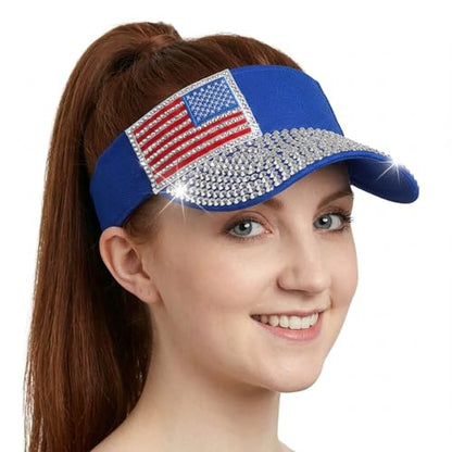 Women Shiny Rhinestone Bling Sun Visor Adjustable Tennis Beach Ponytail Hat - color: Blue-usaflag