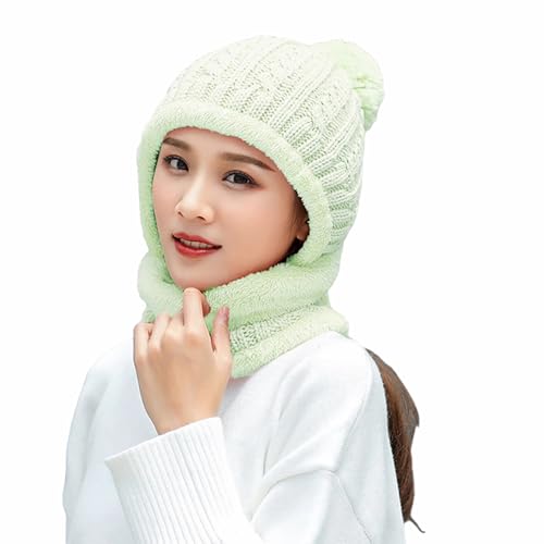 HUAMULAN Women Winter Knit Beanie Hats One Piece Fleece Lined Balaclavas - color: Light Green