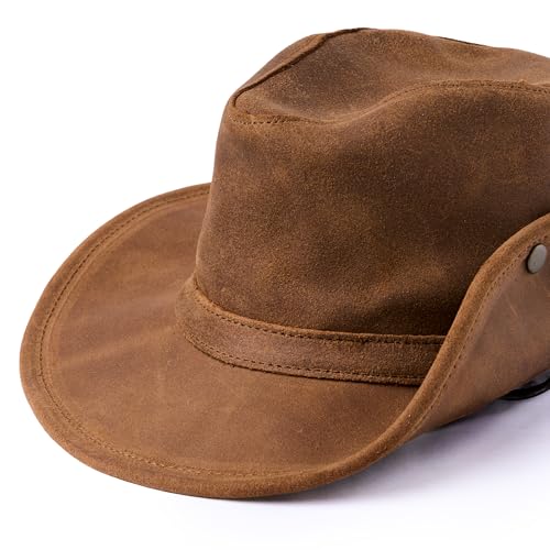 Minnetonka Unisex Aussie Leather Hat with Adjustable Chin Strap - color: Brown, size: Medium
