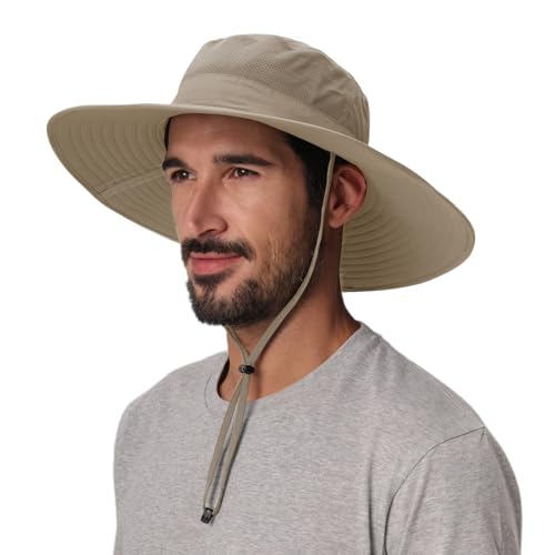 Home Prefer UPF50+ Mens Sun Hat Wide Brim Fishing Hat Foldable Large Brim UV Protection Sun Hat for Men Women Beach Gardening - color: Khaki
