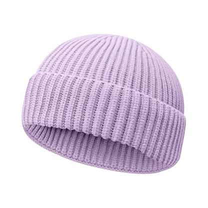 Wool Fisherman Beanies for Men Women Short Cuff Knit Beanie - color: Lightpurple