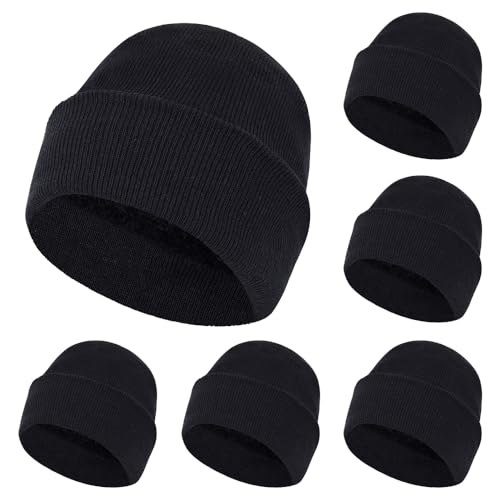 ZH 6 Pack Men's Winter Knit Beanies with Fleece Lining, Warm Stretchy Skull Caps for Cold Weather, Unisex Thermal Hats - color: Black