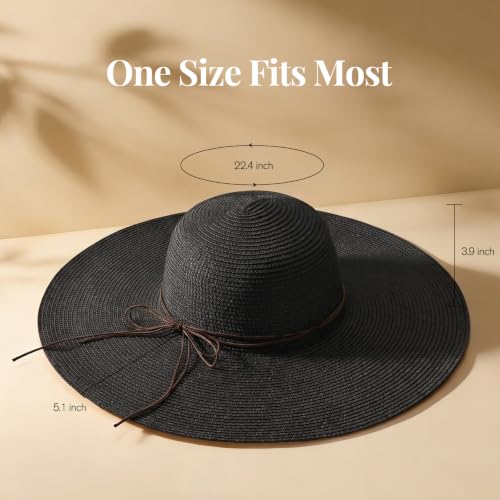 Women's Sun Straw Hat Wide Brim Floppy Foldable Hats Beach Travel Summer Vacation Hat UPF 50+ - color: Black