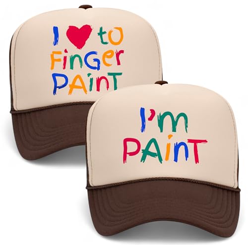 I Love to Finger Paint I'm Paint Trucker Hats (2 Pack) | Premium Mesh Foam Snapback Hats for Men & Women - color: Brown/Tan