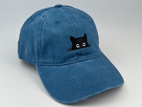 Peeking Black Cat Embroidered Washed Baseball Cap, Adjustable Vintage Dad Hat for Cat Lovers Unisex - color: Sky Blue
