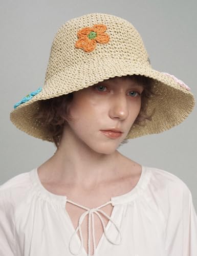 Women Straw Sun Hat Summer Beach Hats Foldable Floppy Cap Wide Brim Bucket Hat Solid Handmade Sun Protection Caps - color: Flora-beige