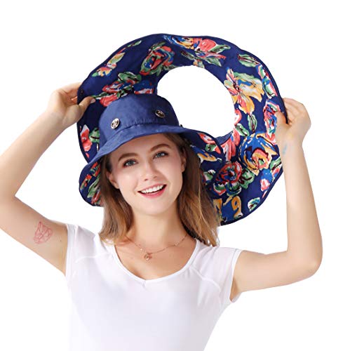 iHomey Packable Shapeable Extra Large Brim Floppy Sun Hat Reversible UPF 50+ Beach Sun Bucket Hat - color: Deep Blue-flower