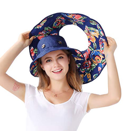 iHomey Packable Shapeable Extra Large Brim Floppy Sun Hat Reversible UPF 50+ Beach Sun Bucket Hat - color: Deep Blue-flower
