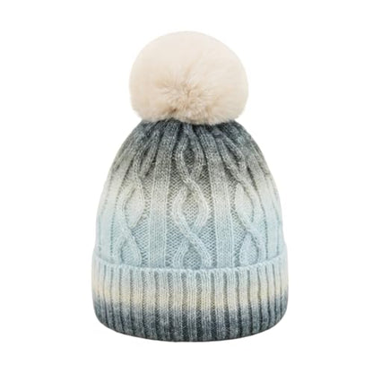 Unisex Colorful Ombre Beanie Winter Cuffed Cable Knitted Hat with Pompom - color: Grey