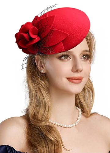 Women's Vintage 100% Wool Felt Cloche Bucket Bowler Hat Winter Vintage Bow Fedoras Church Fascinator - color: 02-red