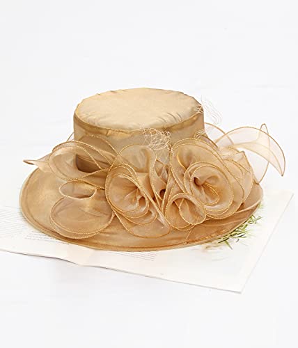 Women Derby Fascinator Hat Organza Church Wedding Hats Wide Brim Cocktail Tea Party Hat - color: 12 Gold