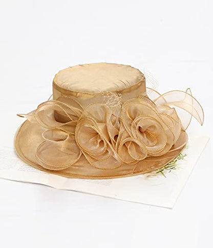 Women Derby Fascinator Hat Organza Church Wedding Hats Wide Brim Cocktail Tea Party Hat - color: 12 Gold