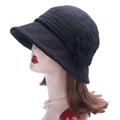 Lawliet Womens 1920s Winter Wool Cap Beret Beanie Cloche Bucket Hat A299 - color: Black