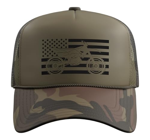 Dirt Bike Motocross Trucker Hat with Adjustable Mesh Back - color: Camo Green