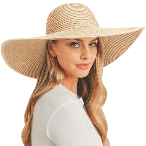 DRESHOW Big Straw Sun Hats for Women Floppy Foldable Roll up Beach Cap Sun Hat UPF 50+ Vacation Honeymoon Embroidered Hat - color: Medium Size: Beige / Brim 5.5" (Head Circumference 22-22.8")