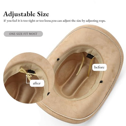 LIDHAY Cowboy Hat for Women Men with Shapeable Wide Brim Western Suede Hat for Cowboys and Cowgirls - color: Khaki