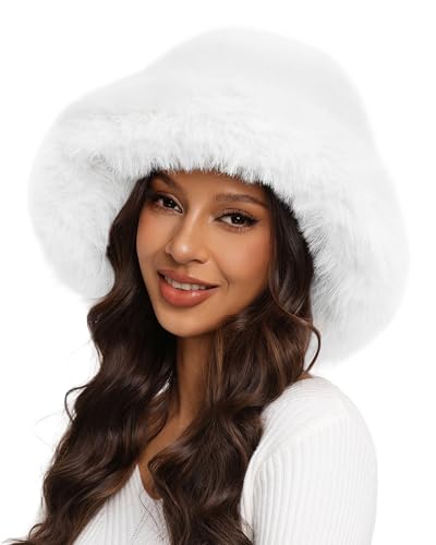 Women's Oversized Faux Fur Bucket Hat, Fluffy Plush Fuzzy Winter Warm Hat - color: White