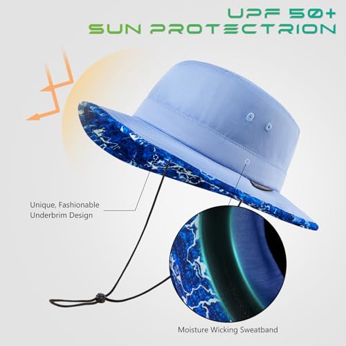 UPF 50+ Foldable Sun Hat Patterned Under Brim Bucket Hats for Summer Hiking Fishing Beach Safari Men Women - color: Airy Blue, size: Large