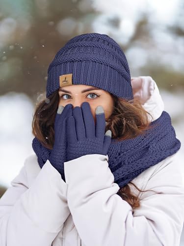 LOROME Winter Beanie Hat Scarf Gloves, Warm Fleece Knit Neck Scarf Set Gift - color: Denim Blue