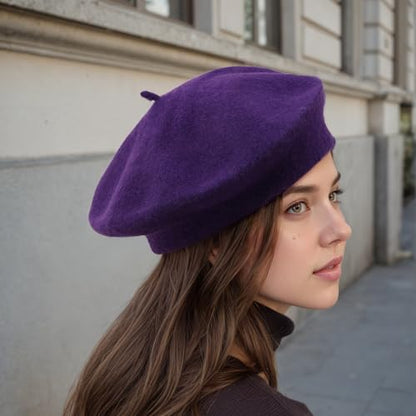 Women's Wool Beret: 70% Wool French Hat for Daily, Lightweight & Chic Berets for Women - color: Purple