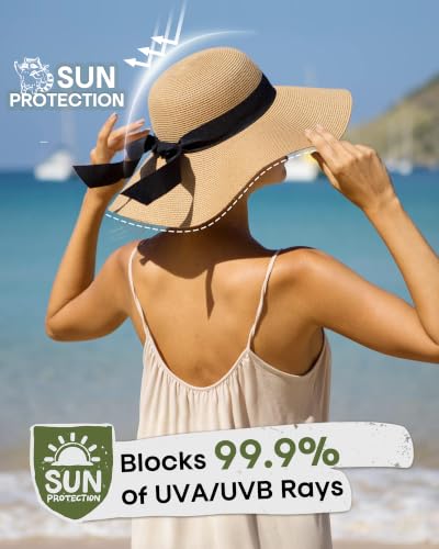FURTALK Womens Sun Straw Hat Wide Brim Floppy Summer Beach Hats for Women - color: Khaki, size: Large-X-Large