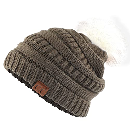C.C Hatsandscarf Exclusives Unisex Solid Ribbed Beanie with Pom (HAT-43) - color: A-military Oliv/Whit