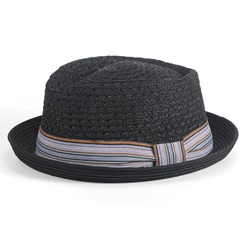 Straw Fedora Belfry Trilby Hat for Men Women Summer Short Brim Sun Beach Hats S-XXL - color: Black, size: Small