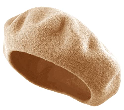 Women's French Beret Hat Solid Color Plain Wool Classic Traditional Artist Cap - color: Camel