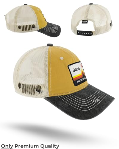 Jeep Have Fun Out There Patch Garment Washed Trucker Hat Unstructured for Men & Women - Adjustable Snapback Baseball Cap - color: Yellow