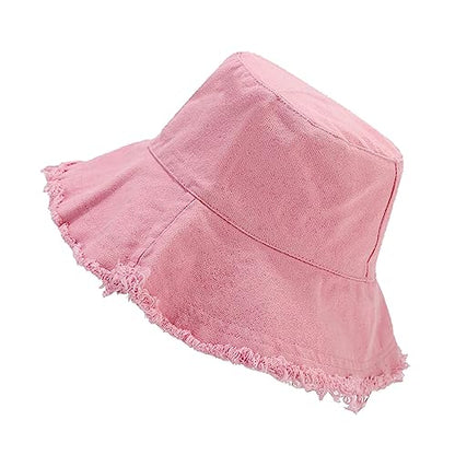 Quanhaigou Frayed Unisex Sun Hats, Fashion Beach Bucket Hat for Men Women,Summer Outdoor Boy's Girls Boonie Cap - color: Frayed Pink