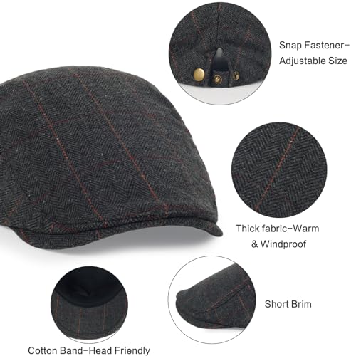3Pcs Cotton Newsboy Hat for Men Cool Adjustable Flat Cap - color: Plaid-grey+darkgrey+brown