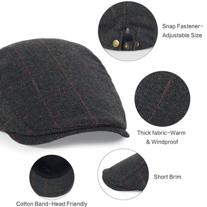 3Pcs Cotton Newsboy Hat for Men Cool Adjustable Flat Cap - color: Plaid-grey+darkgrey+brown