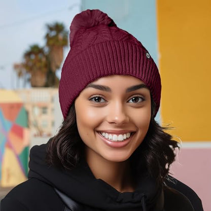 DALIX Cable Knit Pom Beanie Soft Stretch Skully Warm Fuzzy Faux Sherpa Winter Ski Beanie - color: Maroon