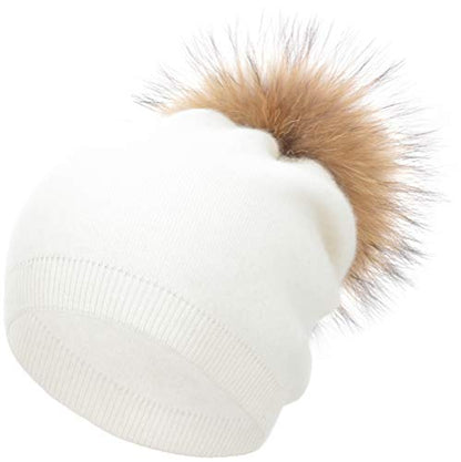 Women's Double Layer Winter Slouchy Knit Beanie Hat with Real Fur Pom Pom - color: White